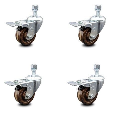 3 Inch High Temp Phenolic Swivel 10mm Stem Caster Set with Total Lock Brake